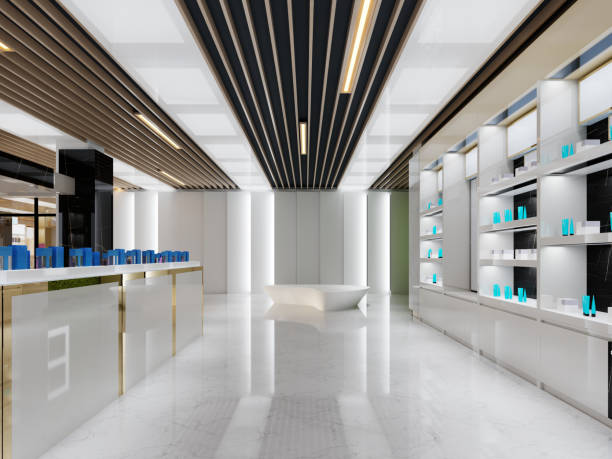 istock Interior design of a perfumery and cosmetics store in white and black with golden elements. 1430776020