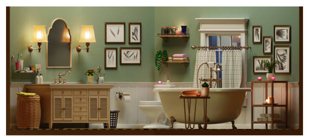 istock Cute cartoon bathroom interior ortographic  3D render. 1430777307
