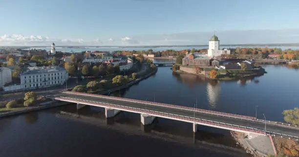 Aerial view of the main tourist attractions of Vyborg. Castle Island. Historic city center. Autumn time
