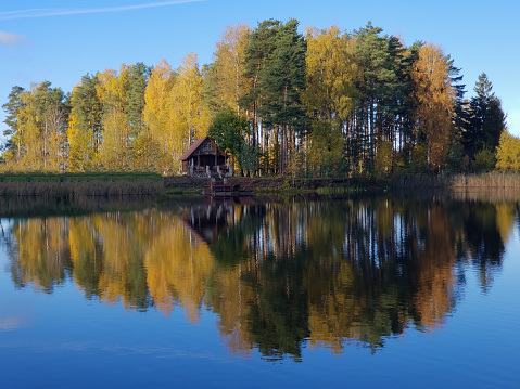 small wooden house on the lake next to the autumn yellow forest. Reflection in the water of the lake. Blue sky, sunny day. Scandinavian landscape with buildings in the background.