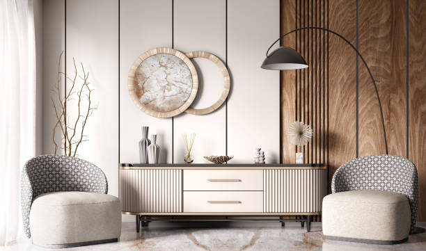 나무 판넬 벽 위에 베이지 색 사이드 보드가있는 현대적인 거실의 인테리어. 콘솔 테이블과 안락 의자가있는 현대적인 객실입니다. 홈 디자인. 3d 렌더링 - designer living room brown white 뉴스 사진 이미지