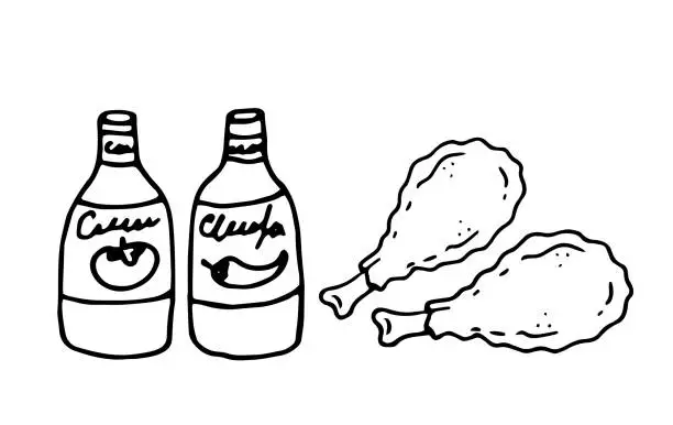 Vector illustration of crispy fried chicken legs and sauces illustration