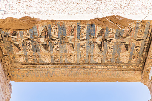 Kom Ombo, Aswan, Egypt. Ceiling painting of vultures, the symbol of Upper Egypt, at Kom Ombo temple.