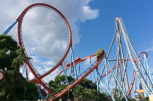 Port Aventura Salou Tarragona Catalonia Spain on June 2019: Port Aventura is an amusement park and a European resort located in the area of Tarragona, Catalonia. Shambhala is the new  of the 'big four' (3 roller coasters and one drop tower).