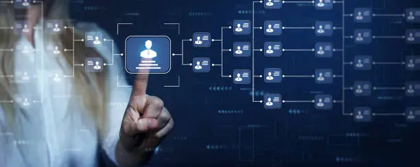 Photo of Business process and workflow automation with flowchart.  
 Business hierarchy structure. Virtual screen Mindmap or Organigram.Relations of order or subordination between members.