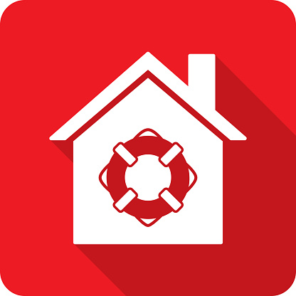 Vector illustration of a house with lifesaver icon against a red background in flat style.