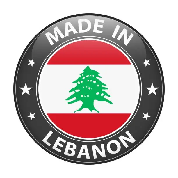 Vector illustration of Made in Lebanon badge vector. Sticker with stars and national flag. Sign isolated on white background.