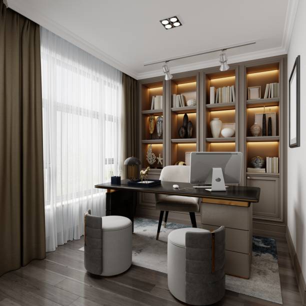 istock Office cabinet with cabinet shelves with office decor and work desk and two side chairs in contemporary style. 1430792132