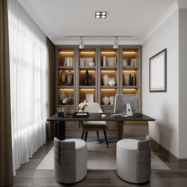 istock Office cabinet with cabinet shelves with office decor and work desk and two side chairs in contemporary style. 1430792135