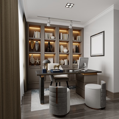 Office cabinet with cabinet shelves with office decor and work desk and two side chairs in contemporary style. 3D rendering.