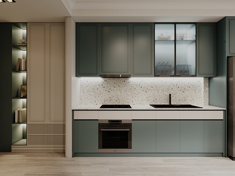 Modern minimalist kitchen with gray and white kitchen fronts and terrazzo backsplash. 3D rendering.