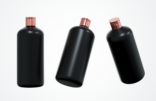 Different views of black plastic shampoo bottle 3D render isolated on white background, cosmetic hair care product design concept and branding ready mockup with copy space