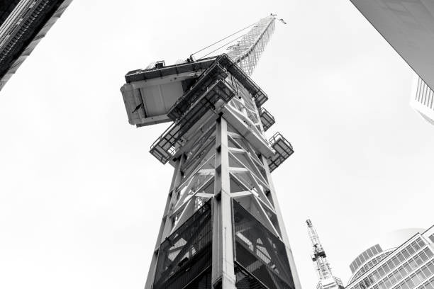 istock Black and white Tower crane at construction site in city background with copy space 1430800576