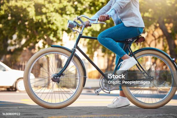 Adventure Street Travel And Bike Break Outdoor In Urban City In Summer Woman With Vintage Bicycle In A Road For Transport Sustainability Person Traveling With Health Mindset Or Healthy Energy Stock Photo - Download Image Now
