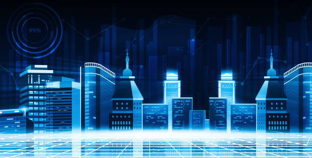 istock Futuristic Tech city with business signs glowing in the background wallpaper. Modern blue glowing city backdrop design 1430801123