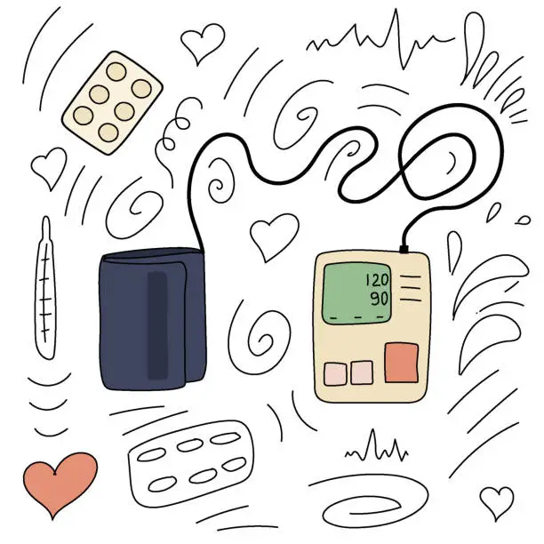 Vector illustration of doodle with electric tonometer pressure medicine health