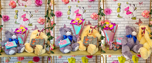 love story collage, cute plush toys: grey teddy bear with flower bouquet and beige rabbit representing date, they hold and give each other gifts, while sitting on swing, romantic valentines day, in love