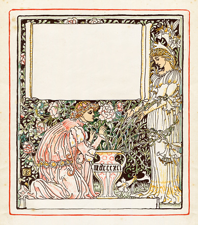 Prince giving rose flower to princess Art nouveau design book illustration 1899
Original edition from my own archives
Source : Queen Summer or The journey of the Lily and the rose - Walter Crane 1899
Walter Crane ( 15 August 1845  14 March 1915 ) was an English artist and book illustrator. He is considered to be the most influential, and among the most prolific, children's book creators of his generation.