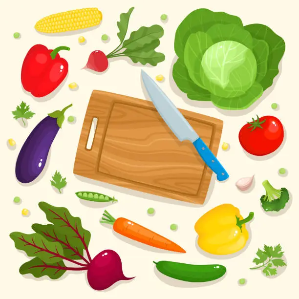 Vector illustration of Bright vector illustration of colorful cutting board, knife and vegetables.