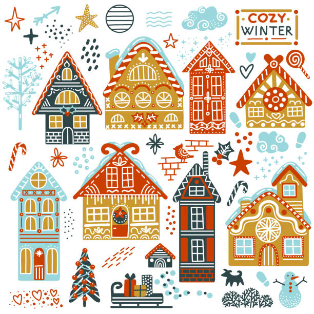 Christmas square card with houses vector illustration Set of cute isolated gingerbread houses with snowy roofs and christmas elements vector illustration. Winter background. For greeting christmas cards, print, design, fabric, porcelain, bed linen,decor gingerbread house stock illustrations