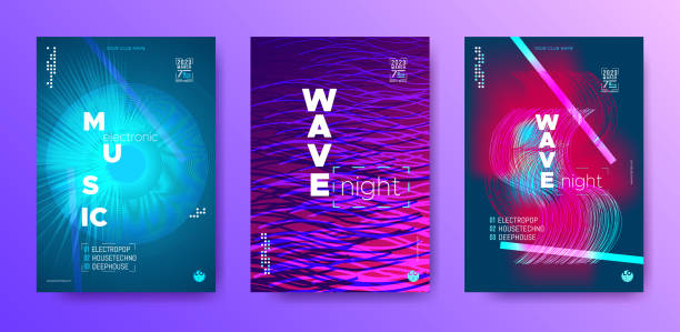 Electronic music posters set. Club posters design, electronic music abstract neon posters. concert poster template stock illustrations