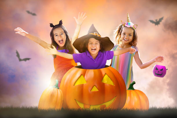 Kids on Halloween night. stock photo