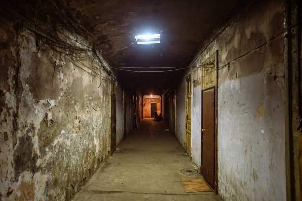 istock Dark creepy corridor of old dorm 1430814827