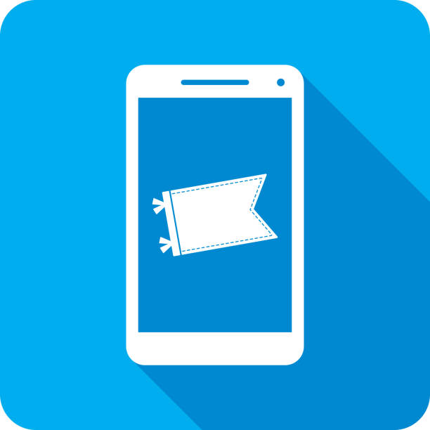 Pennant Smartphone Icon Silhouette 2 Vector illustration of a smartphone with pennant flag icon against a blue background in flat style. pep rally stock illustrations
