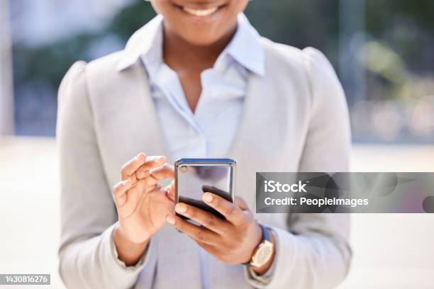 Networking Contact And Online Woman With Phone Reading Whatsapp Business Communication Email Or Success For Job Opportunity In Urban City Street Corporate Professional Hands Typing On Smartphone Stock Photo - Download Image Now