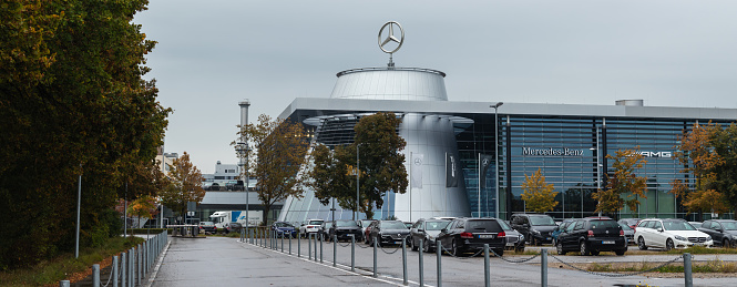 Stuttgart, Germany - October 2021: Autumn aerial view of Mercedes-Benz Museum