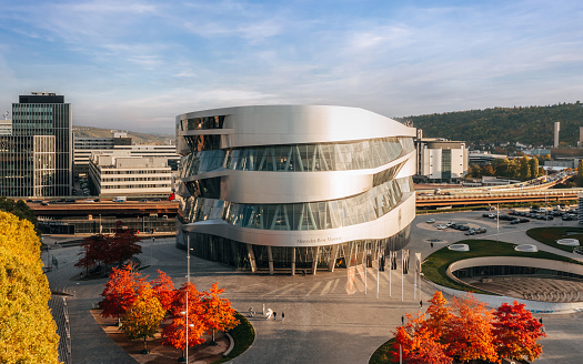 Stuttgart, Germany - October 2021: Autumn aerial view of Mercedes-Benz Museum