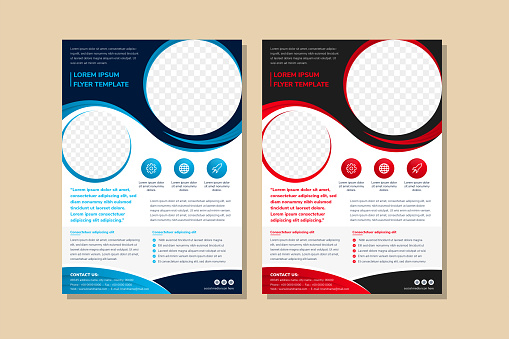 Set of flyer template design for business company use vertical template. Circle shape for photo space. red and blue element use wavy style. flat of white and dark background.