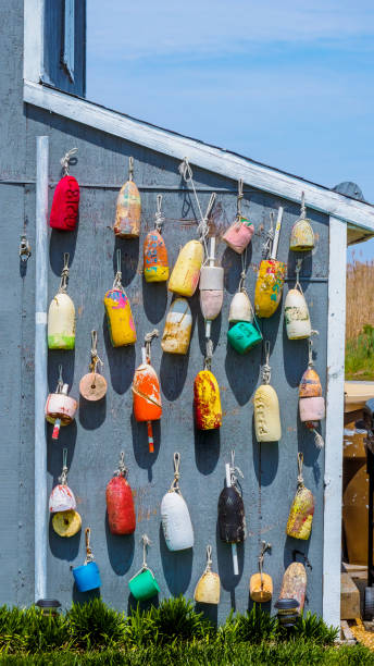 istock Buoys on a seaside home that are multicolored as a nautical display 1430829835