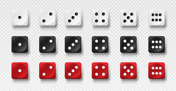 3D dice set. Collection of inventory for lotteries and gambling. Multicolored cubes with numbers on copy space. Realistic three dimension vector illustrations isolated on transparent background