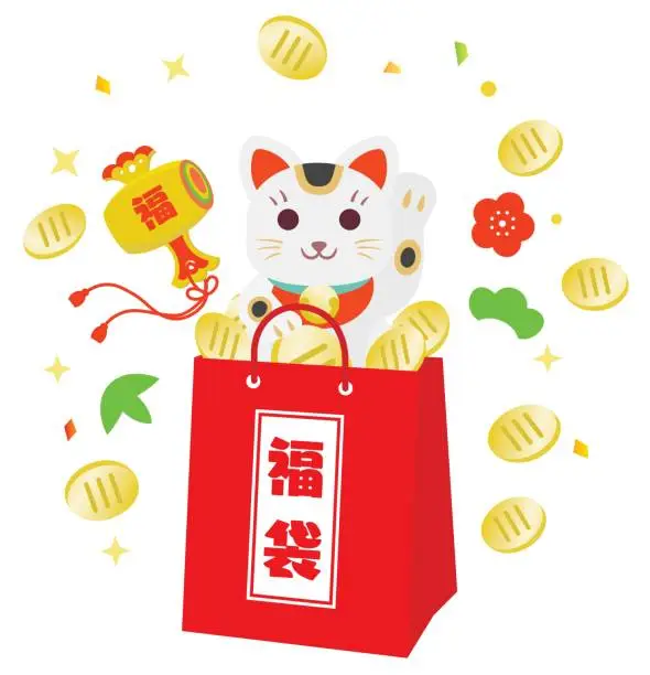 Vector illustration of Manekineko and Lucky bag of New Year holidays and Japanese letter.