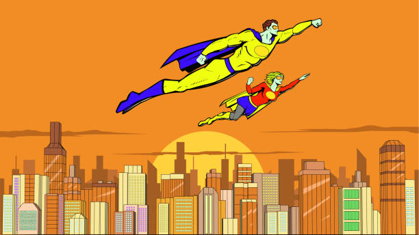 istock Vector Retro Pop Art Superhero Couple Flying in a City a Sunset Stock Illustration 1430840579