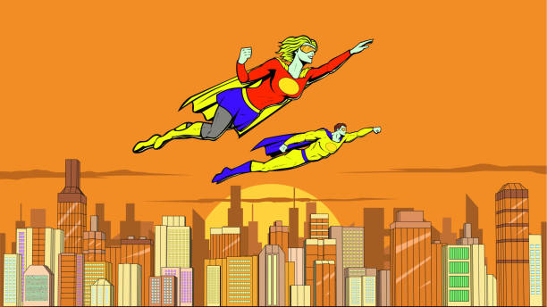 istock Vector Retro Pop Art Superhero Couple Flying in a City a Sunset Stock Illustration 1430840583