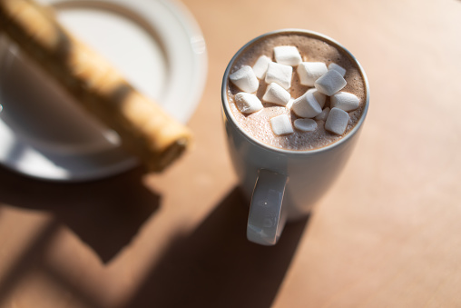 Hot coffee (or cocoa) with marshmallows in ceramic cup
