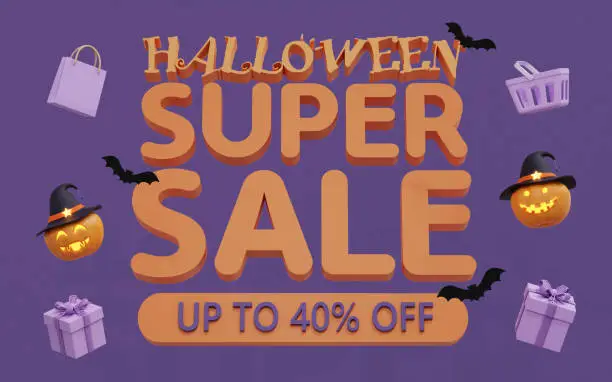 Photo of 3d rendering Happy Halloween sale banner with pumpkins 3d rendering