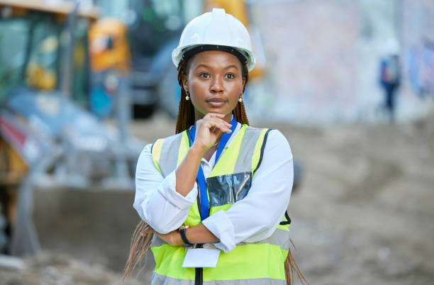 istock Logistics security, construction worker and woman thinking with arms crossed on building site, doing inspection and working as engineer at work. Professional builder and manager with creative vision 1430852858