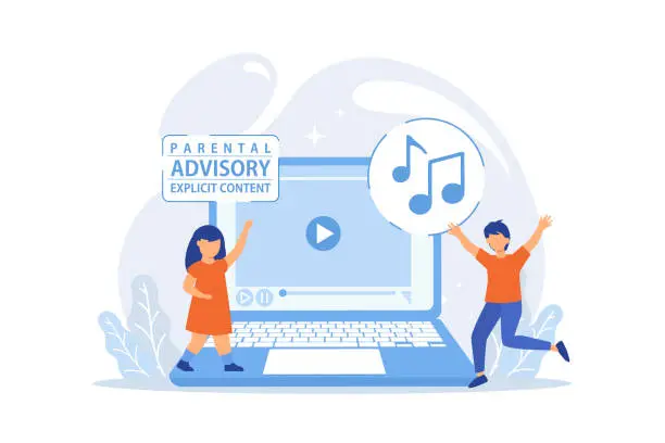 Vector illustration of Children at laptop listening to music with parental advisory label warning. Parental advisory, explicit content, kids warning label concept. vector illustration