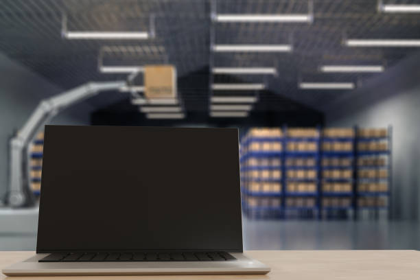 istock Car Robot transports truck Box with AI interface Object for manufacturing industry technology Product export and import of future Robot cyber in the warehouse by Arm mechanical future technology 1430872383