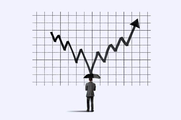 gráfico de ações salta do homem segurando guarda-chuva - moving down chart stock market bear market - fotografias e filmes do acervo