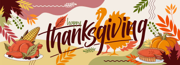 ilustraciones, imágenes clip art, dibujos animados e iconos de stock de feliz diseño de pancarta de acción de gracias con tipografía, pájaro pavo, maíz, pastel de calabaza y hojas abstractas fondo de acción de gracias. - harvest supper