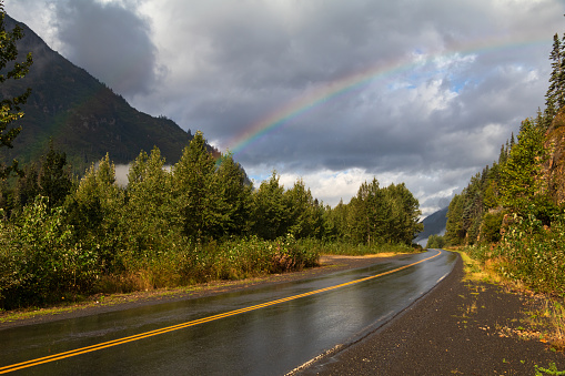 Remote highway located in northwestern British Columbia after a rainfall.