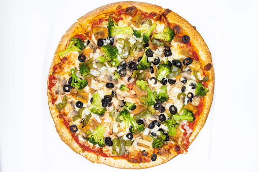New York Style Vegetable Pizza with Broccoli Olives and Mushrooms