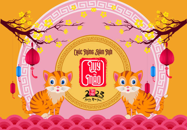 happy lunar new year 2023, vietnamese new year, year of the cat. - apricot blossom 幅插畫檔、美工圖案、卡通及圖標