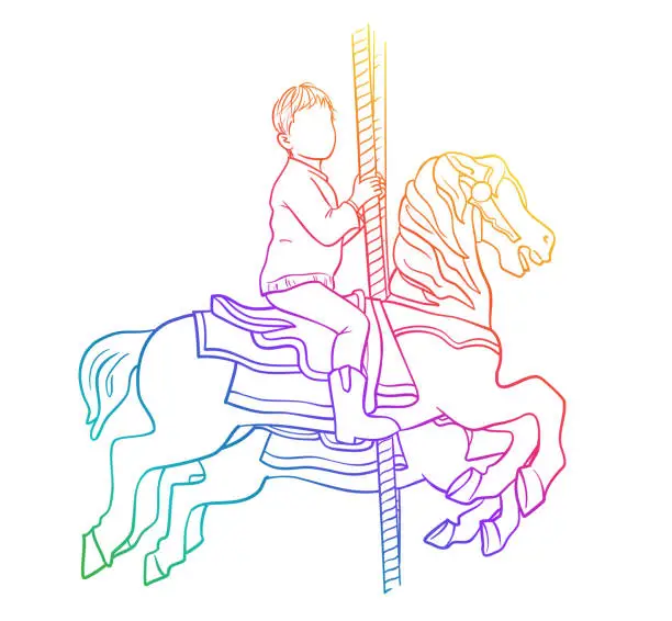 Vector illustration of Child On A Carousel Horse Rainbow