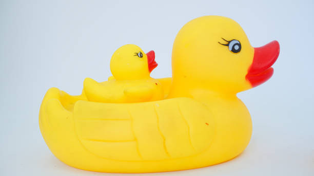 Yellow rubber ducks isolated on a white background