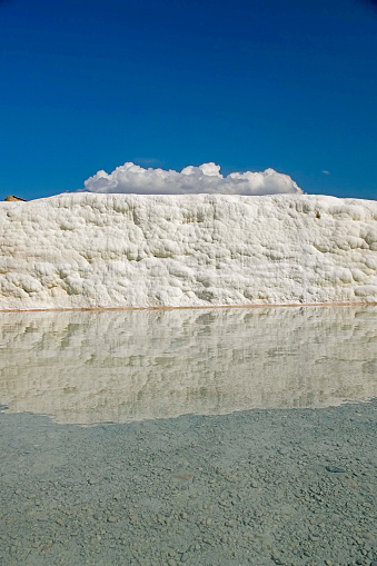 Natural view on travertine pools and terraces in Pamukkale. Cotton castle in southwestern Turkey
